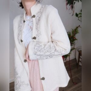 ColdWater Creek Women’s Cream Boiled Wool Nordic Embroidered Cardigan, M